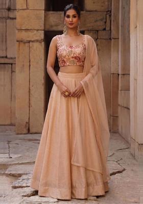 Peach Printed Silk Blend Lehenga Set