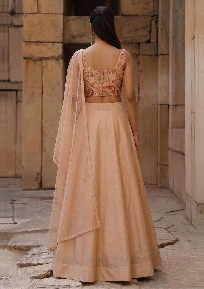 Peach Printed Silk Blend Lehenga Set - Indya
