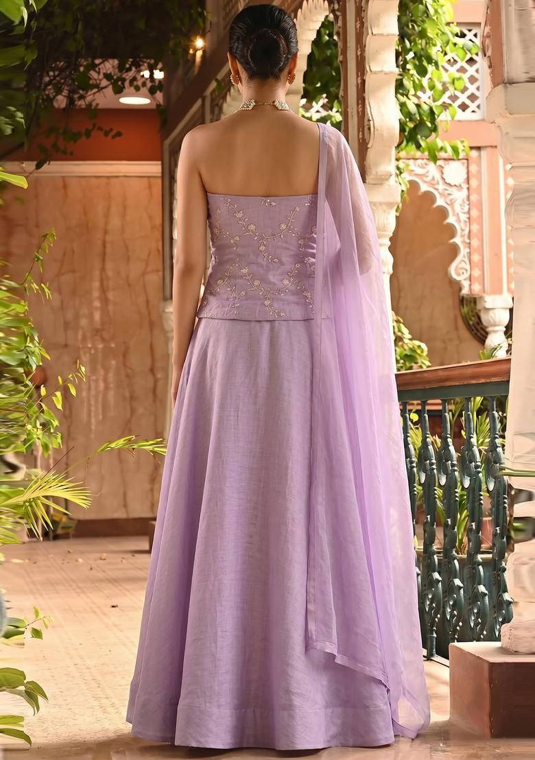 Lavender Embroidered Chanderi Lehenga Set - Indya