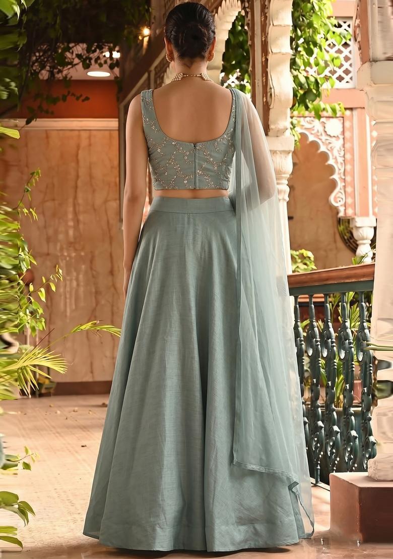 Grey Embroidered Chanderi Lehenga Set - Indya