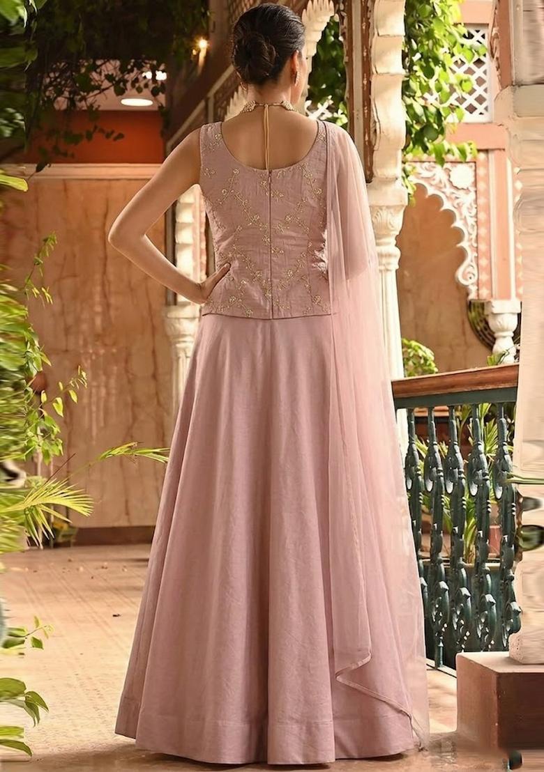 Dusty Pink Embroidered Chanderi Lehenga Set - Indya