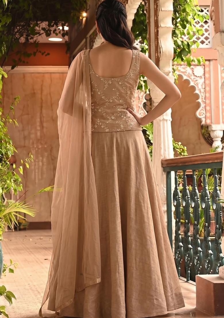Beige Embroidered Chanderi Lehenga Set - Indya
