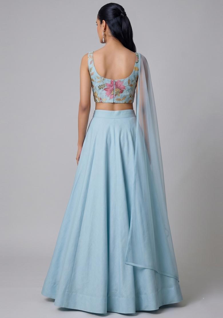 Light Blue Embroidered Organza Lehenga Set - Indya