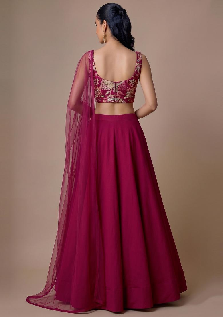 Magenta Embroidered Organza Lehenga Set - Indya