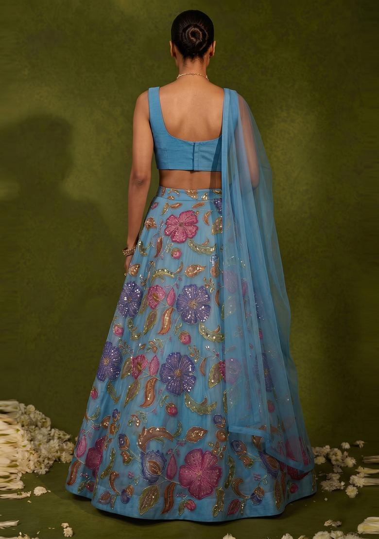 Pastel Blue Printed Lehenga Set - Indya