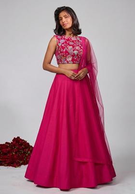 Fuchsia Pink Printed Crepe Lehenga Set