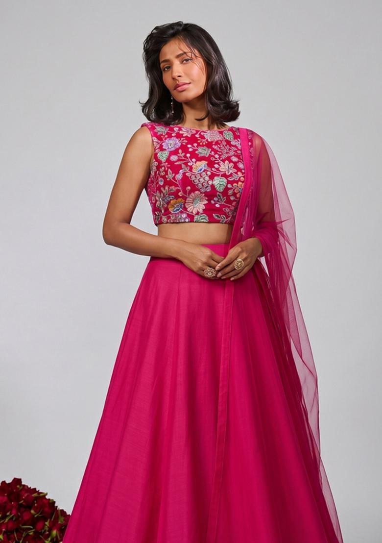 Fuchsia Pink Printed Crepe Lehenga Set - Indya