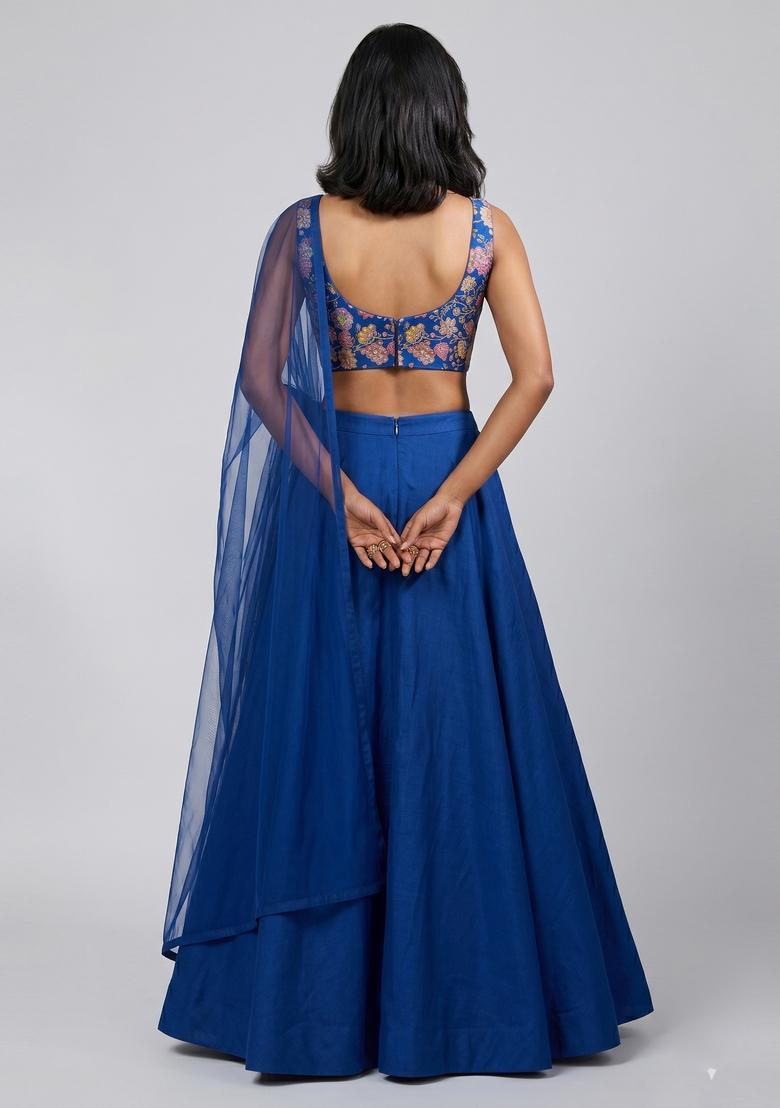 Royal Blue Printed Crepe Lehenga Set - Indya