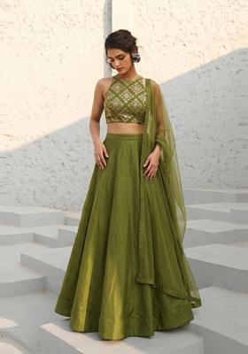 Olive Green Embroidered Crepe Lehenga Set