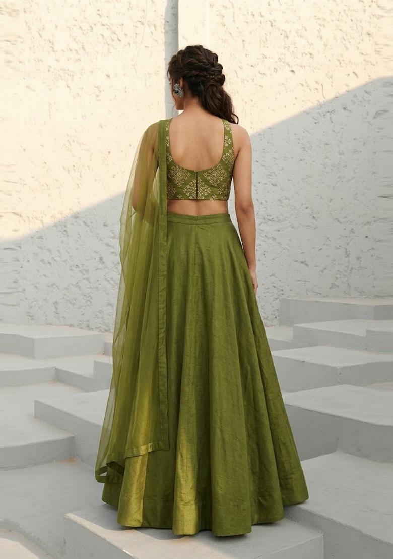 Olive Green Embroidered Crepe Lehenga Set - Indya