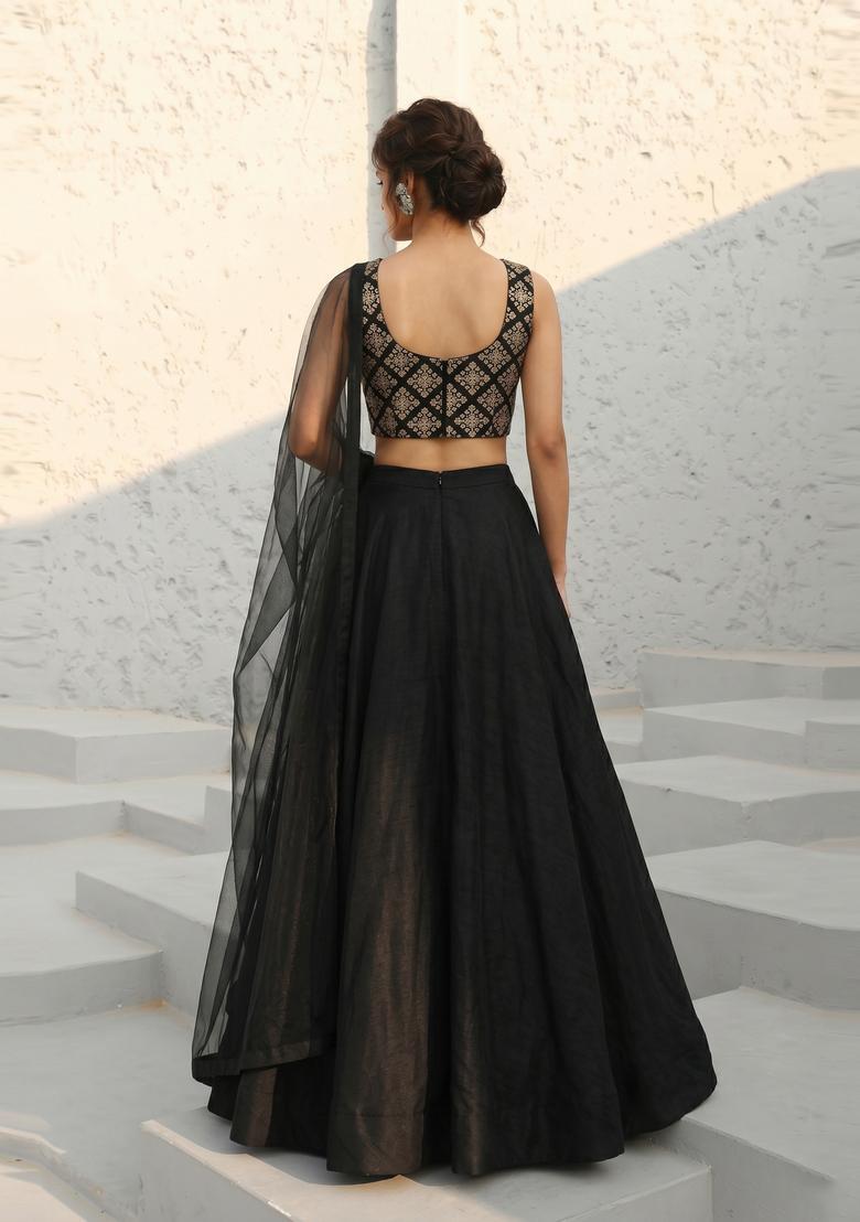 Black Embroidered Crepe Lehenga Set - Indya