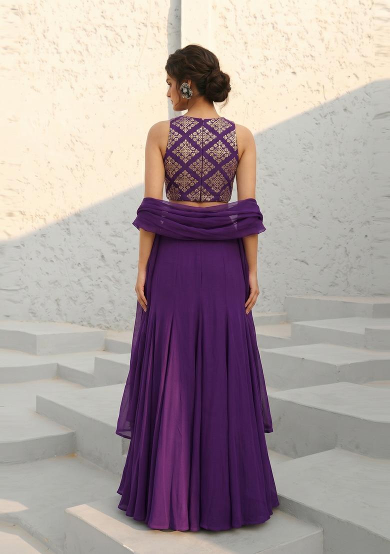 Deep Purple Embroidered Crepe Lehenga Set - Indya