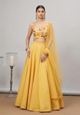 Mustard Yellow Printed Chinon Lehenga Set