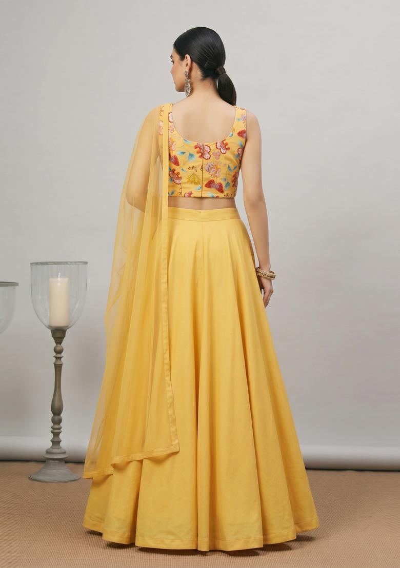 Mustard Yellow Printed Chinon Lehenga Set - Indya