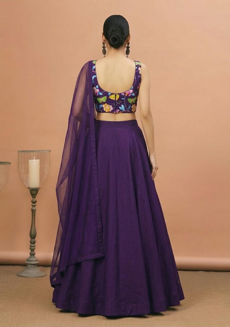 Deep Purple Printed Chinon Lehenga Set - Indya
