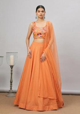 Peach Orange Printed Chinon Lehenga Set