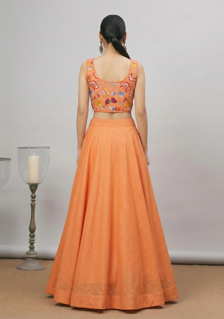 Peach Orange Printed Chinon Lehenga Set - Indya