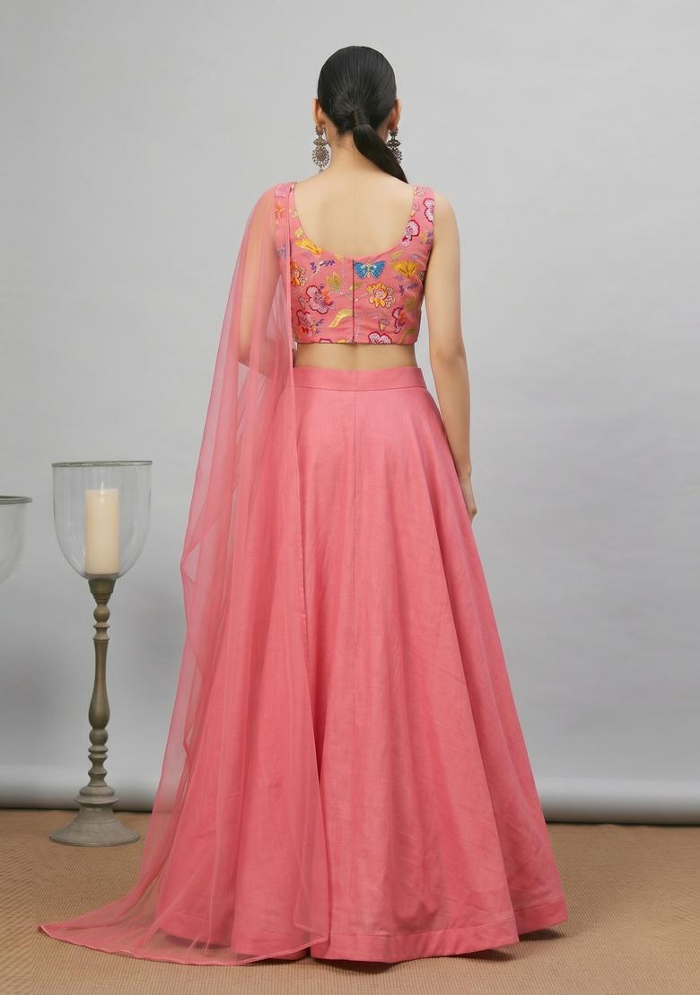 Blush Pink Printed Chinon Lehenga Set - Indya