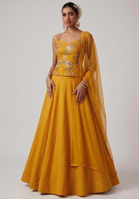 Mustard Printed Organza Lehenga Set