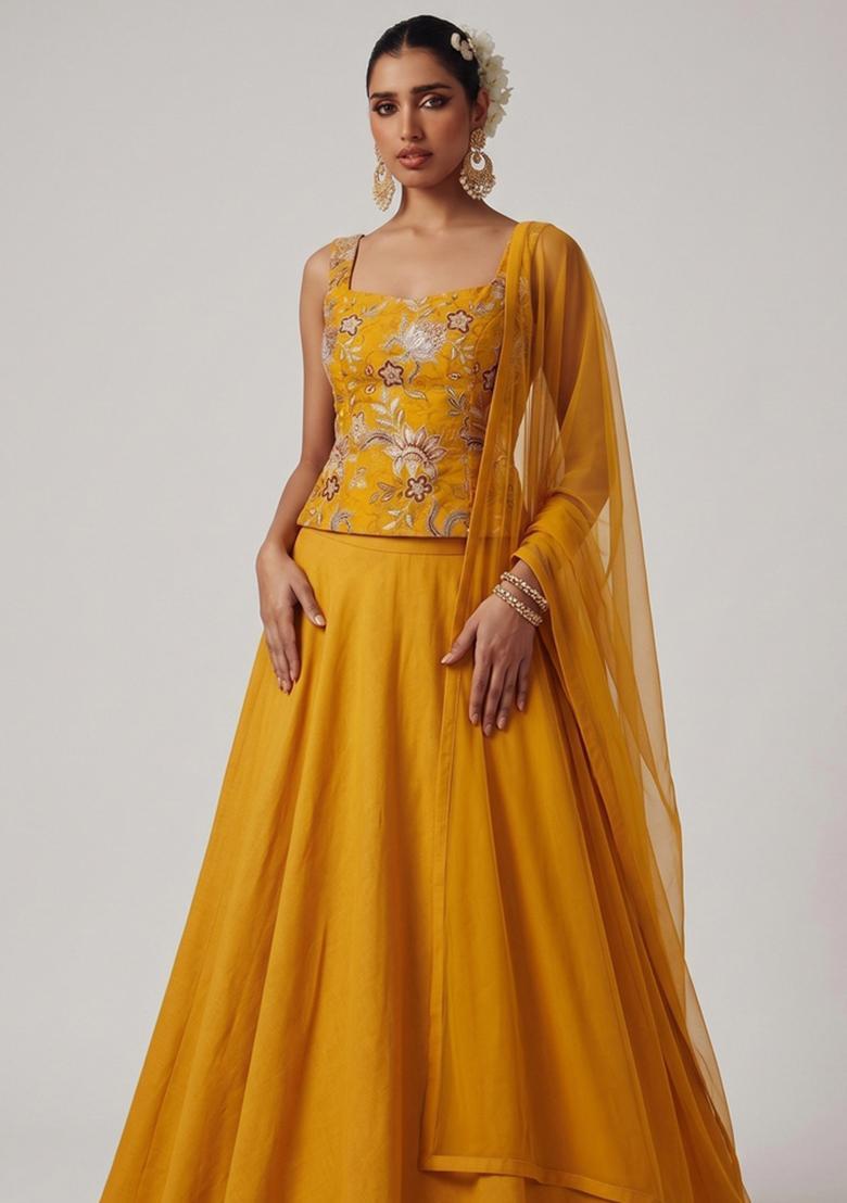 Mustard Printed Organza Lehenga Set - Indya