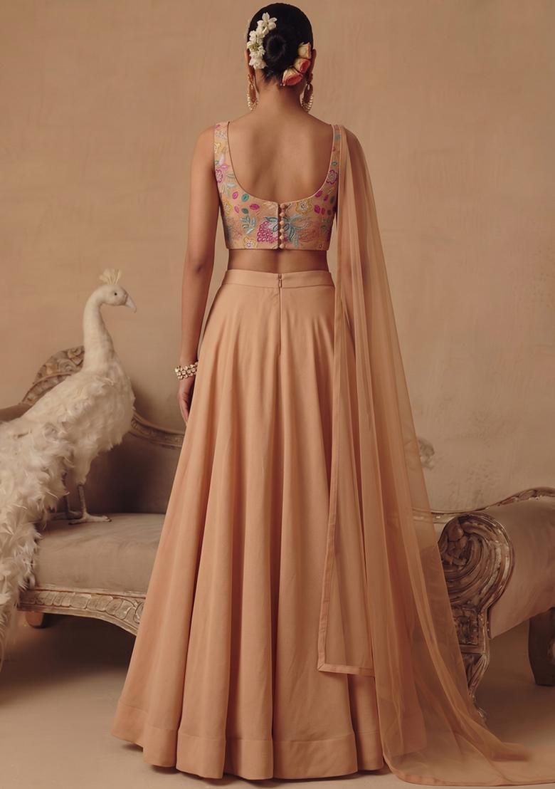 Beige Printed Organza Lehenga Set - Indya