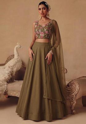 Olive Green Printed Organza Lehenga Set