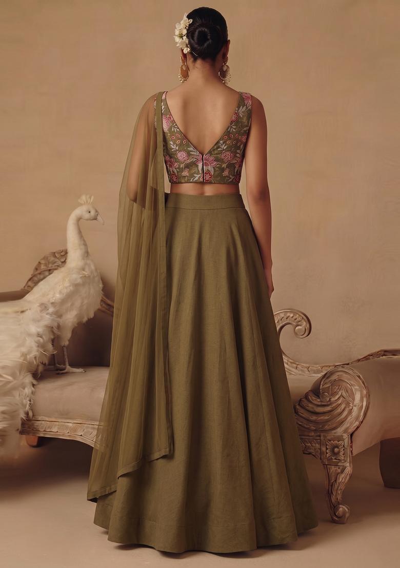 Olive Green Printed Organza Lehenga Set - Indya