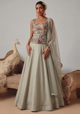 Grey Printed Organza Lehenga Set