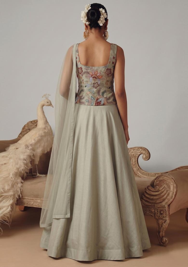 Grey Printed Organza Lehenga Set - Indya