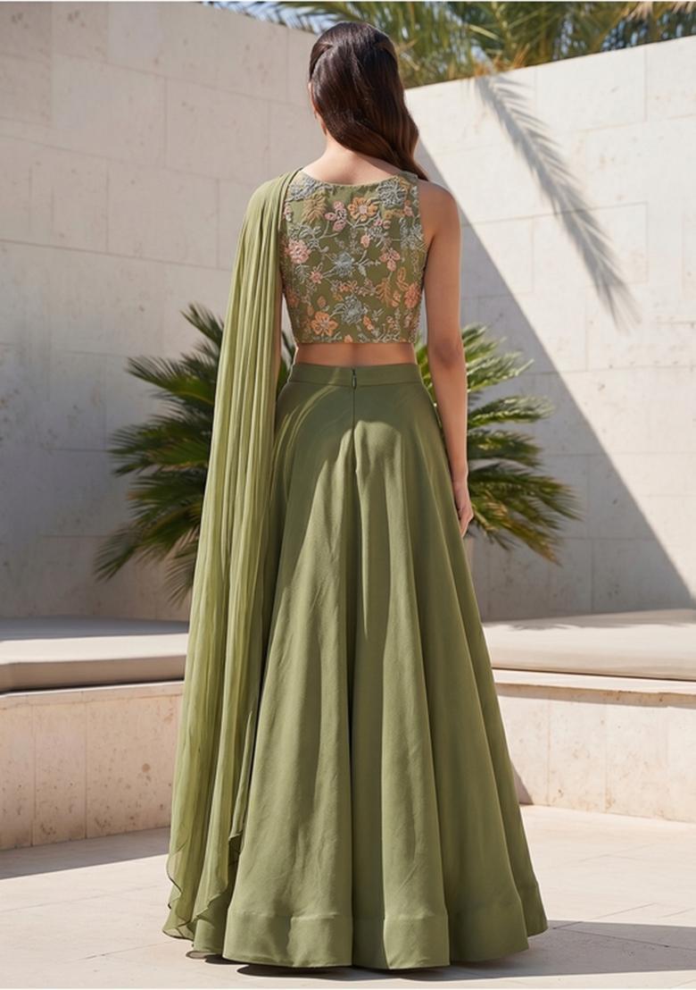 Olive Green Sequin Crepe Lehenga Set - Indya
