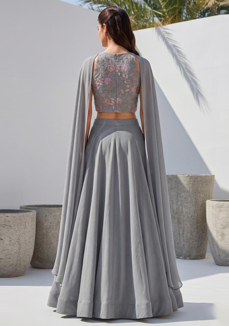 Slate Grey Sequin Crepe Lehenga Set - Indya