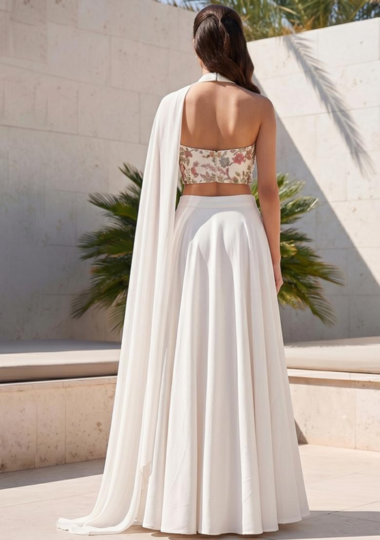 White Sequin Crepe Lehenga Set - Indya