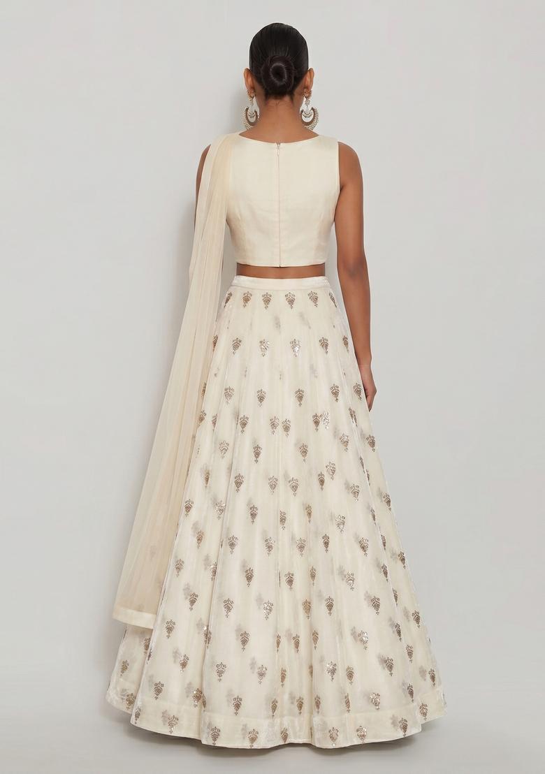 White Embroidered Silk Blend Lehenga Set - Indya