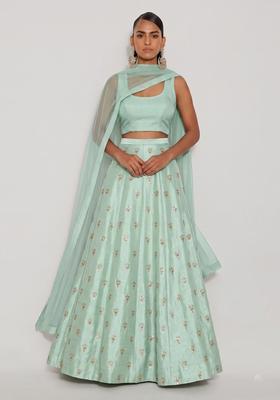 Mint Green Embroidered Silk Blend Lehenga Set