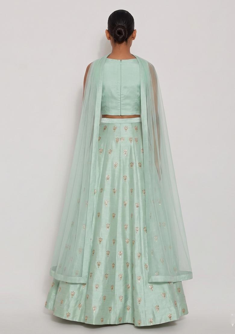 Mint Green Embroidered Silk Blend Lehenga Set - Indya