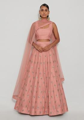 Blush Pink Embroidered Silk Blend Lehenga Set