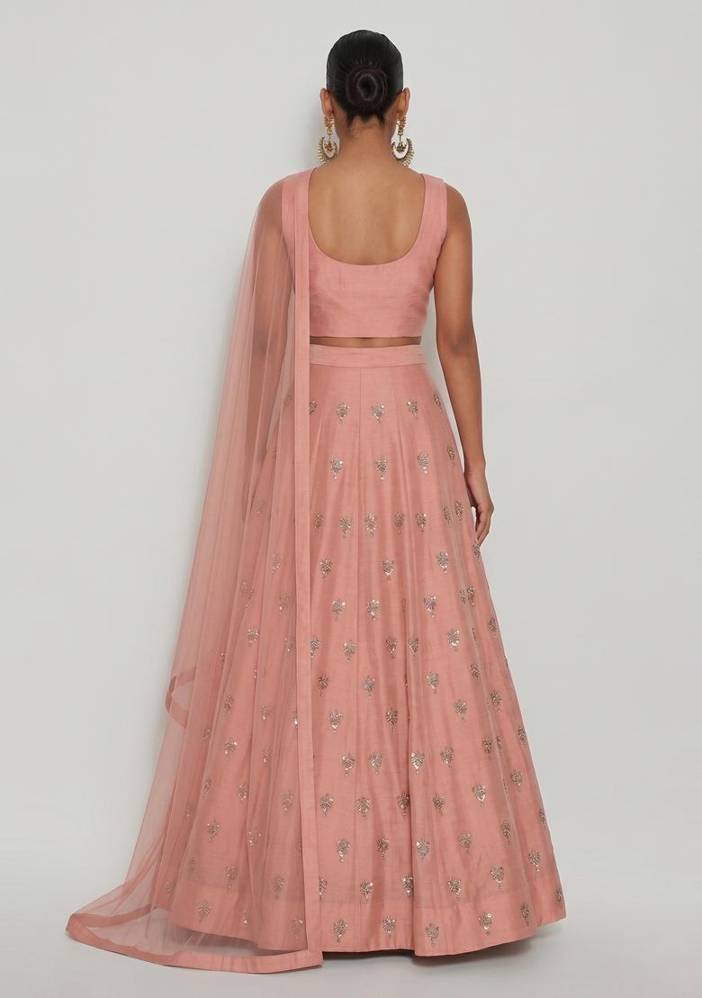 Blush Pink Embroidered Silk Blend Lehenga Set - Indya