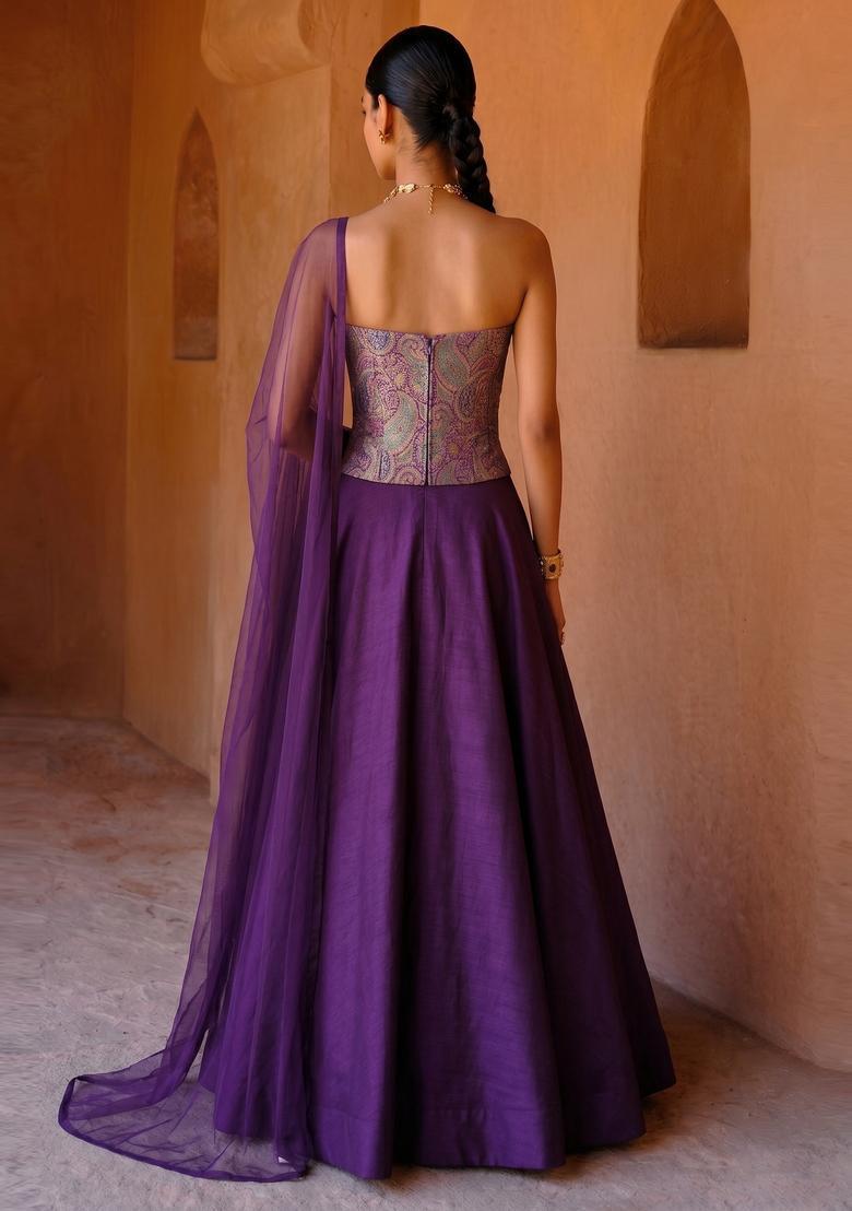 Deep Purple Printed Fusion Set - Indya