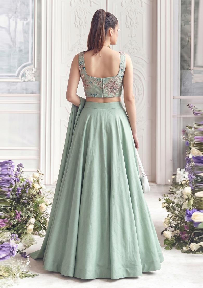 Sage Green Printed Tissue Lehenga Set - Indya