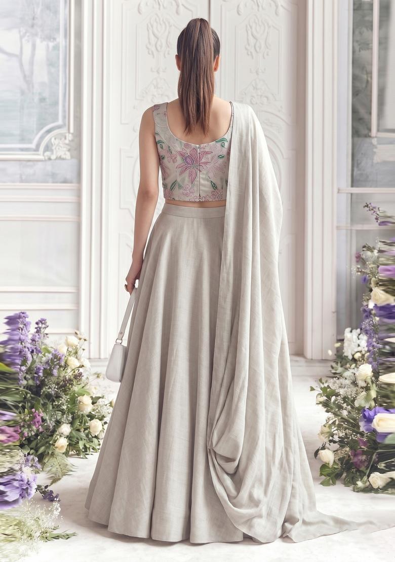 Grey Printed Tissue Lehenga Set - Indya