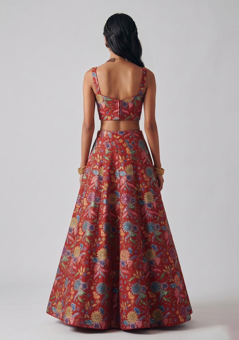 Red Printed Crepe Lehenga Set - Indya