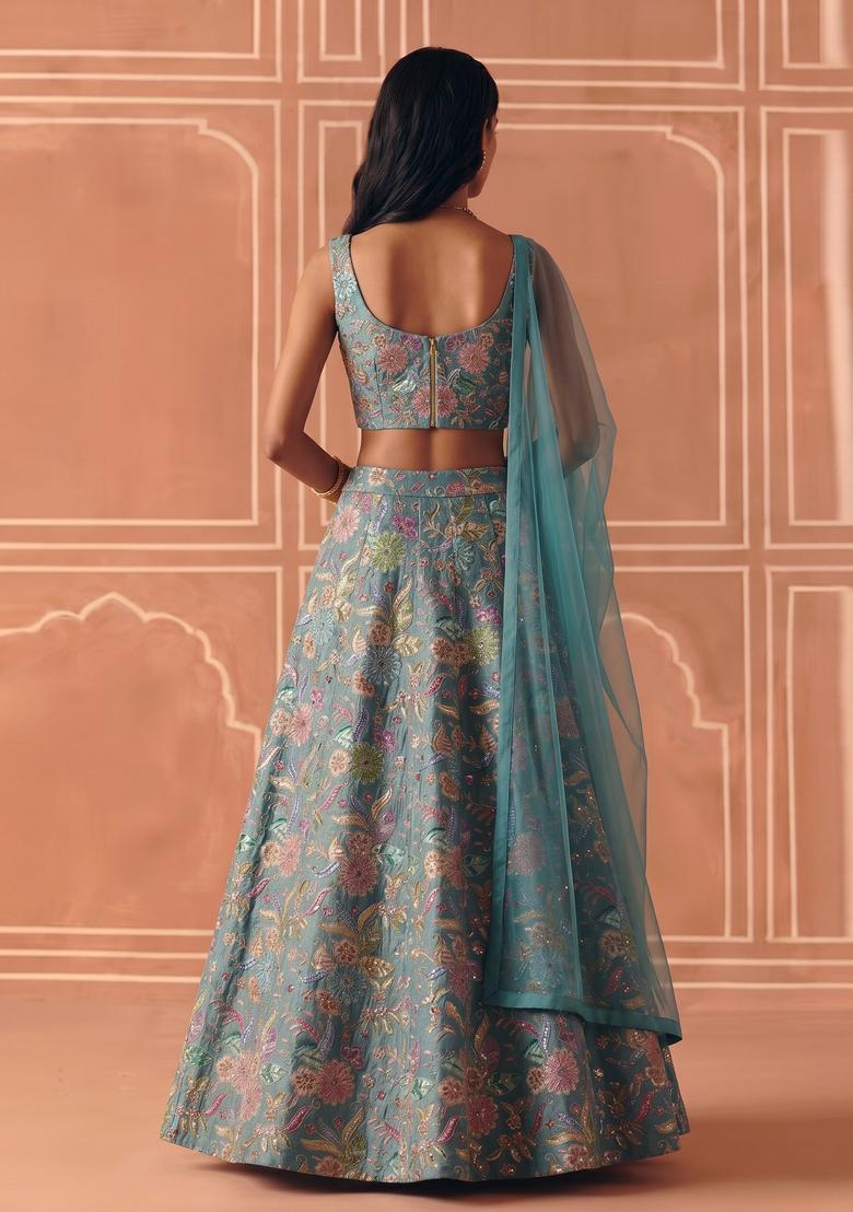 Dusty Blue Printed Crepe Lehenga Set - Indya