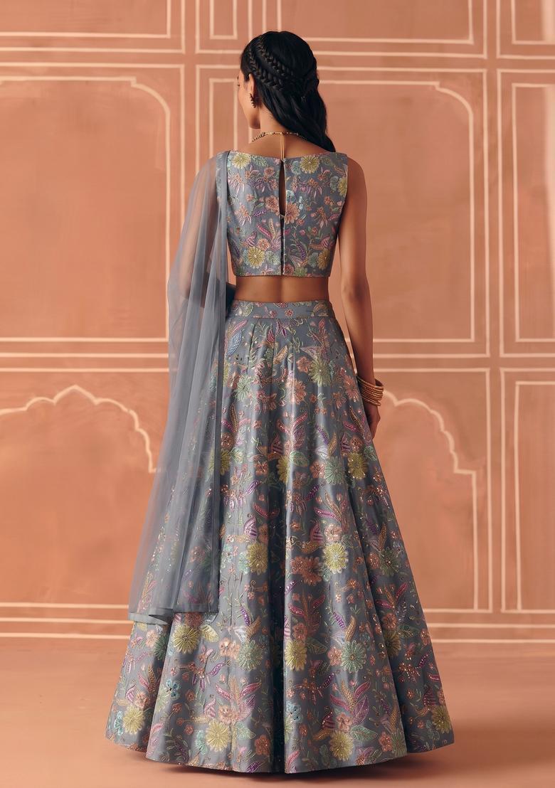 Steel Grey Printed Crepe Lehenga Set - Indya