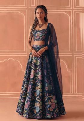 Midnight Blue Printed Crepe Lehenga Set
