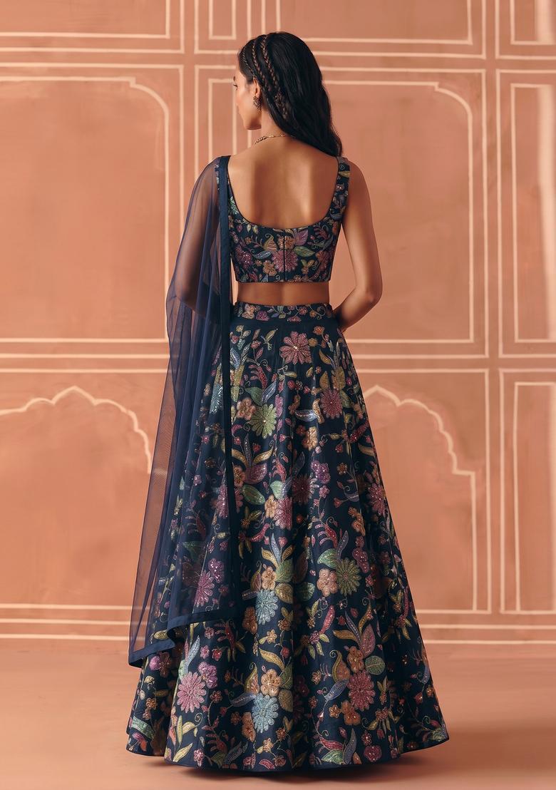 Midnight Blue Printed Crepe Lehenga Set - Indya
