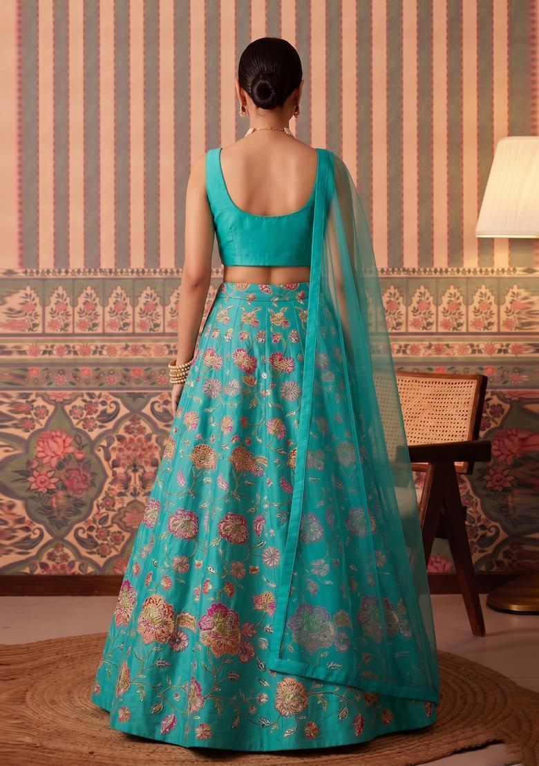 Teal Blue Printed Crepe Lehenga Set - Indya