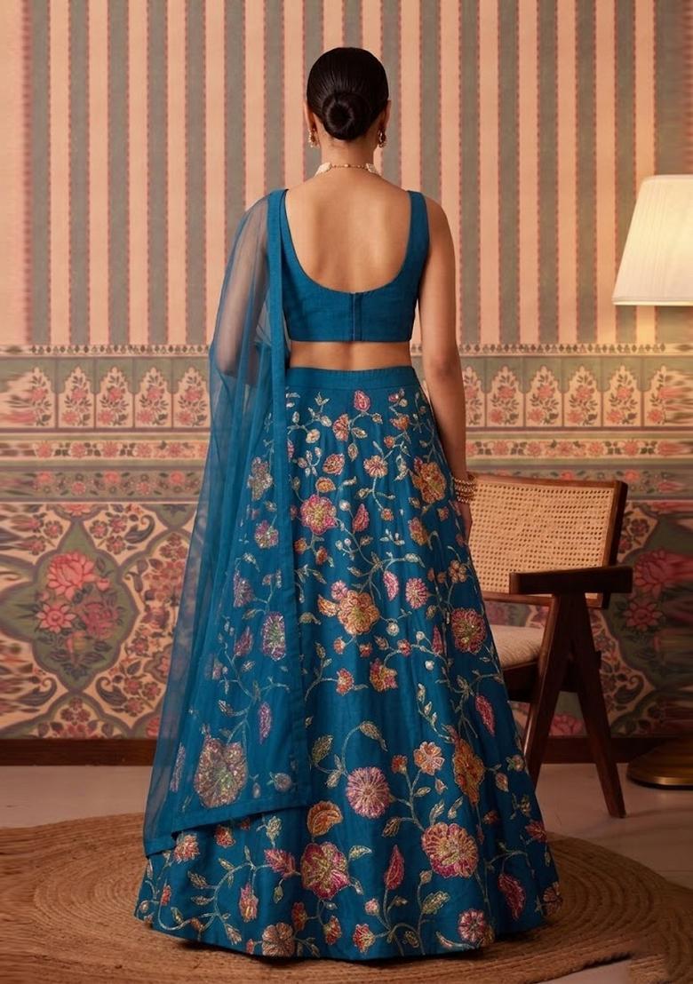 Dark Blue Printed Crepe Lehenga Set - Indya