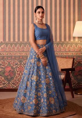 Dusty Blue Printed Crepe Lehenga Set