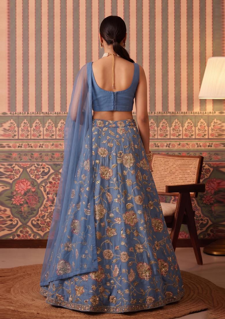 Dusty Blue Printed Crepe Lehenga Set - Indya