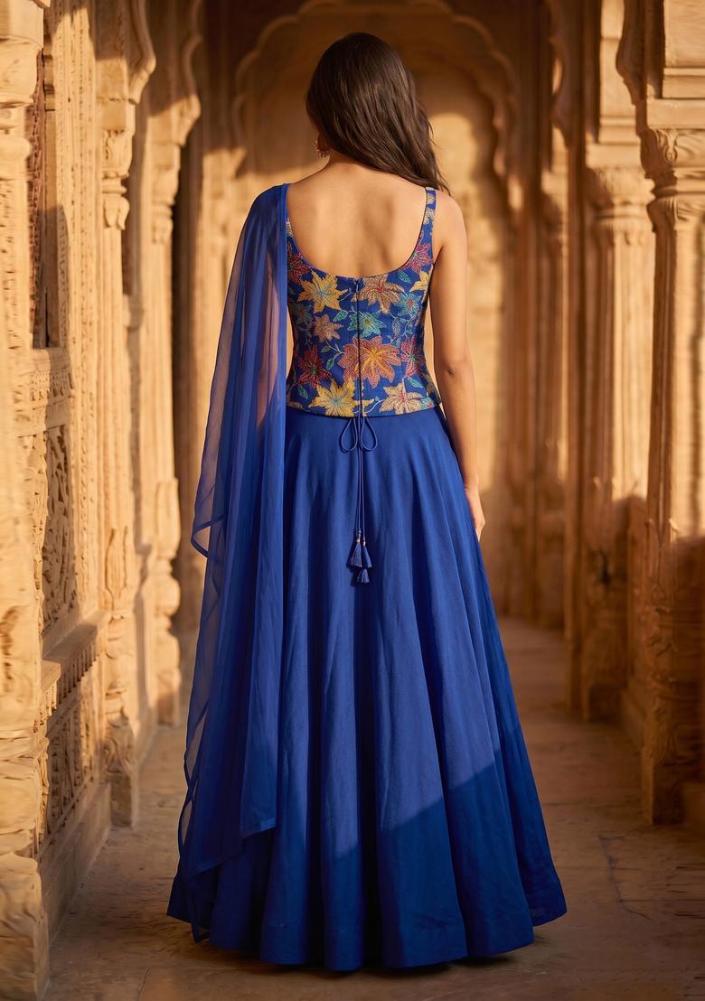 Royal Blue Printed Crepe Lehenga Set - Indya